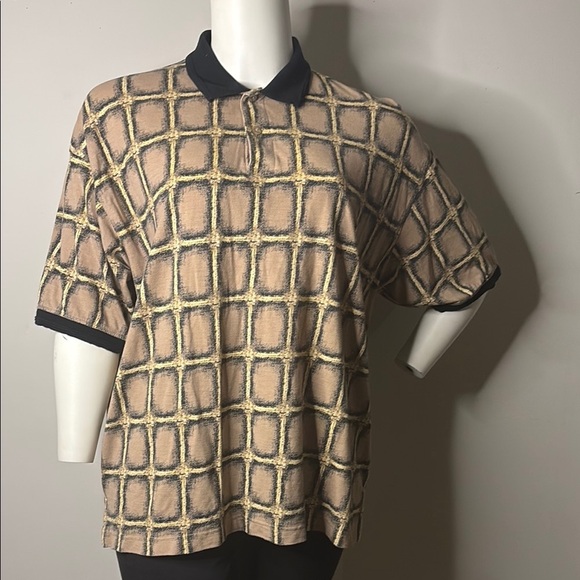 St. John's Bay Tan and Black Polo Shirt with Geometric Pattern - Picture 6 of 7